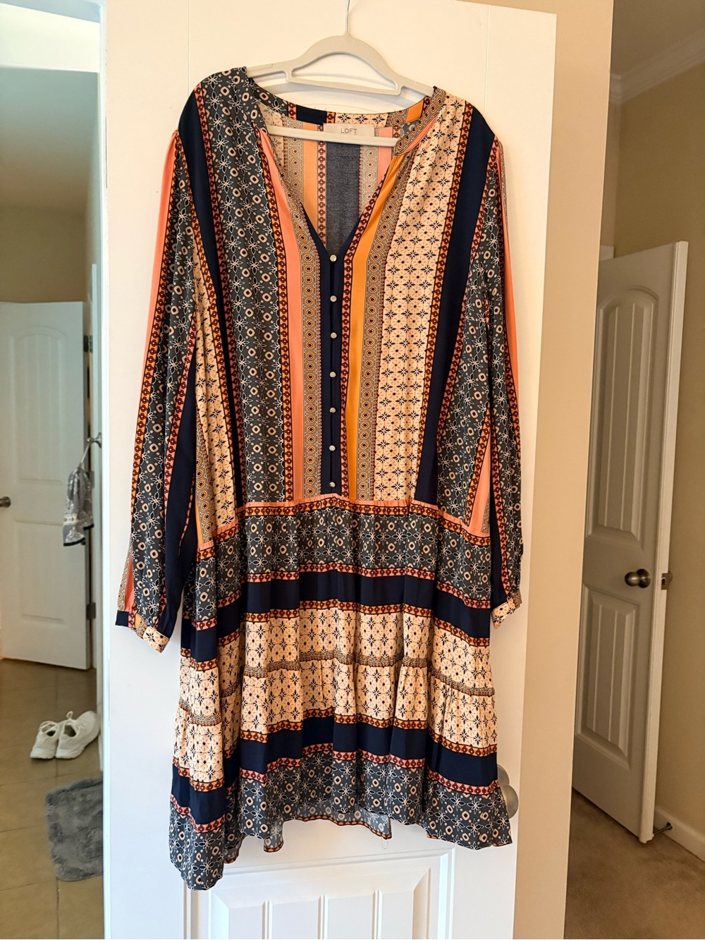LOFT Navy, Coral & Cream Patterned Long Sleeve V-Neck Dress